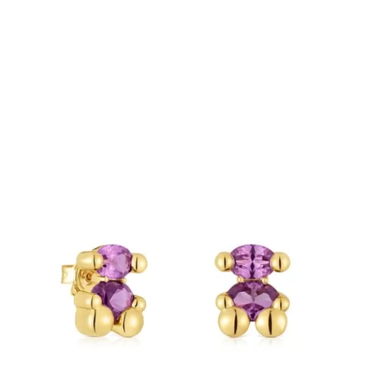 TOUS Kolczyki Color Bear LGG 13 mm ze srebra pokrytego 18-karatowym złotem z motywem misia z laboratoryjnie hodowanym szafirem liliowego koloru SrebroVermeil Discount