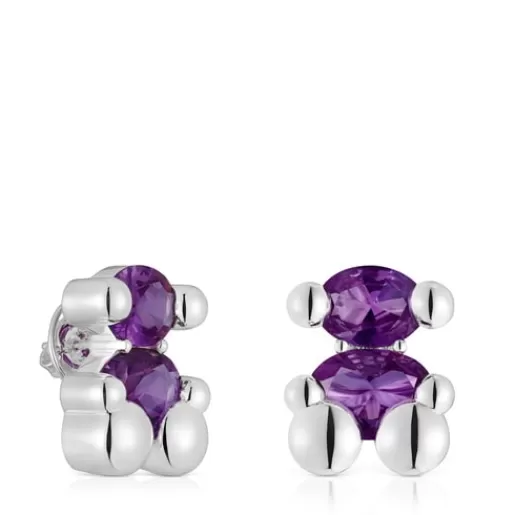 TOUS Srebrne kolczyki Color Bear LGG 23 mm z motywem misia z laboratoryjnie hodowanym szafirem liliowego koloru Fashion