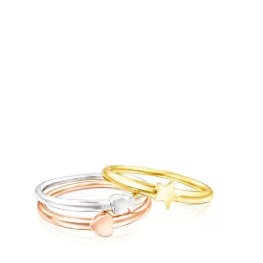 TOUS Ring Mix - Zestaw trzech pierścionków ze srebra oraz żółtego i różowego srebra Vermeil Fashion